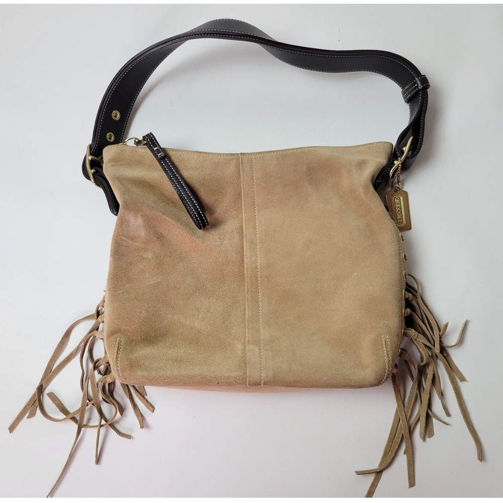 Coach Beige Suede Fringe Shoulder Bag with Dark Brown Strap